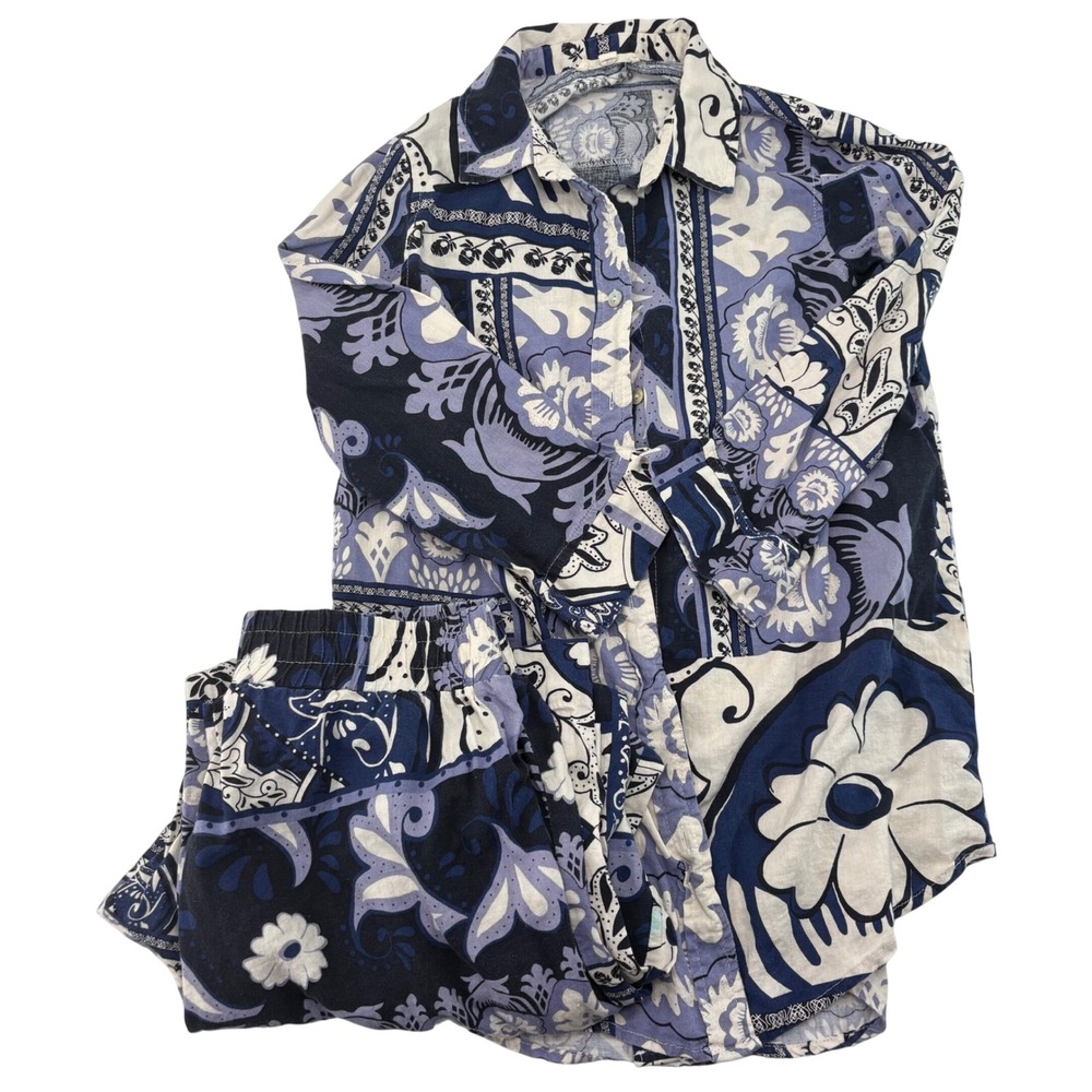 Christian Siriano Blue Floral Paisley Linen Blend Shirt and Pants Set Small